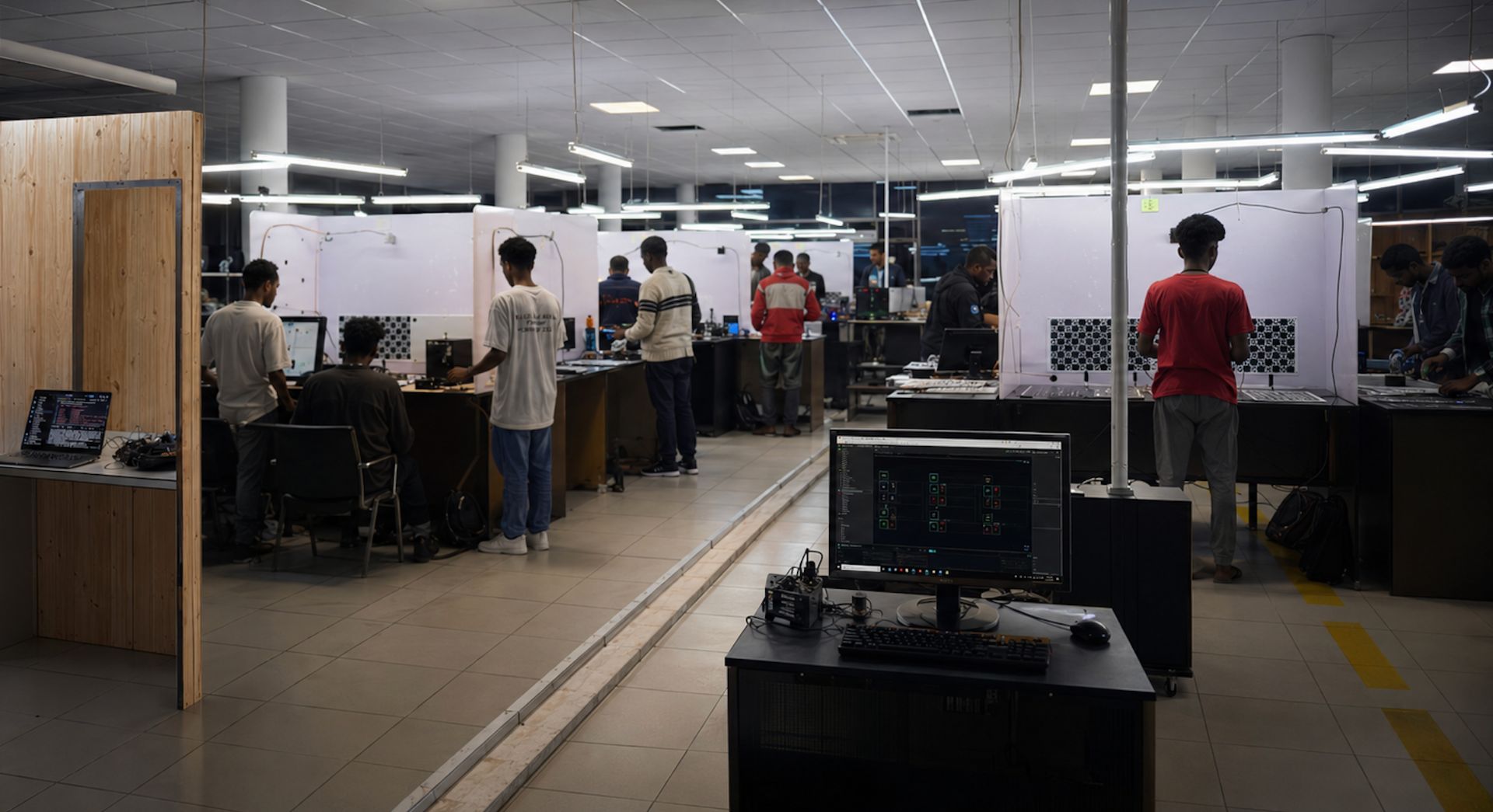 Wide shot of a Physical Data production floor with operators running teleoperation and egocentric capture stations