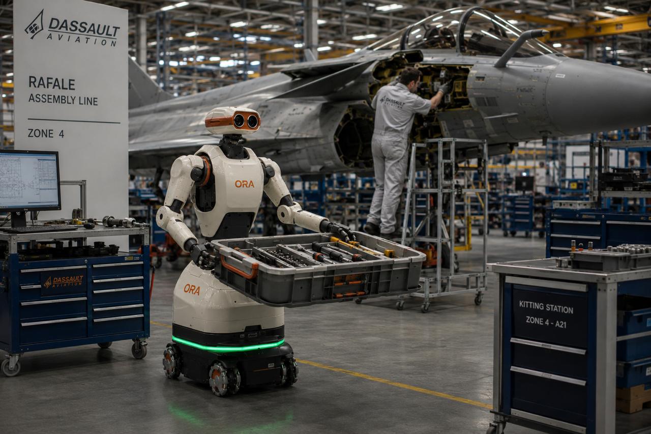 Two-arm mobile robotic base handing a tool to a technician on an aircraft assembly line