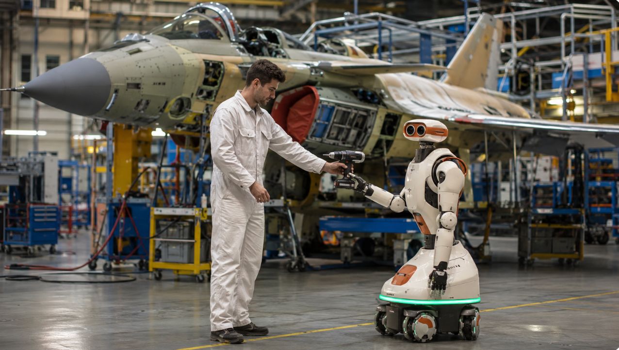 Mobile base carrying a tool tray in a kitting station on the Rafale assembly line